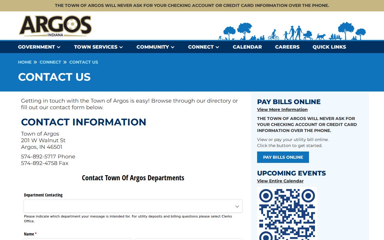 Argos court records source showing town contact information