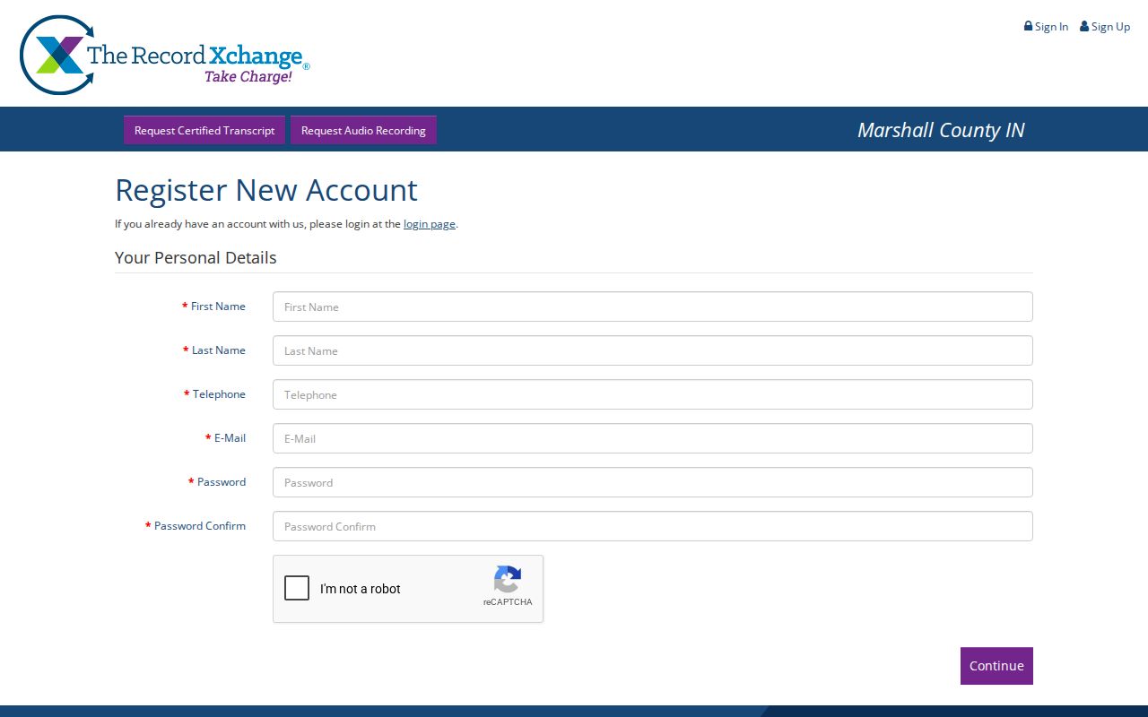 Marshall County Record Xchange account registration for court media requests