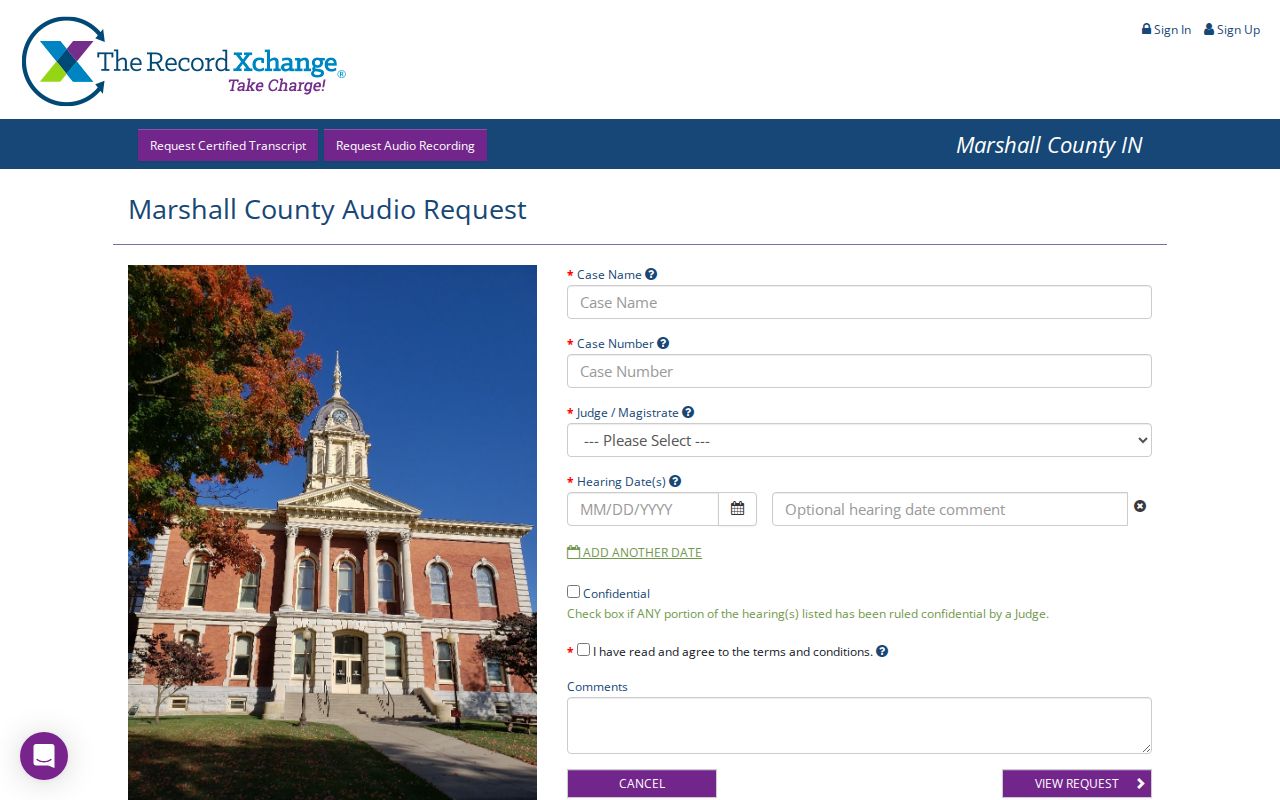 Marshall County civil court transcript request listing
