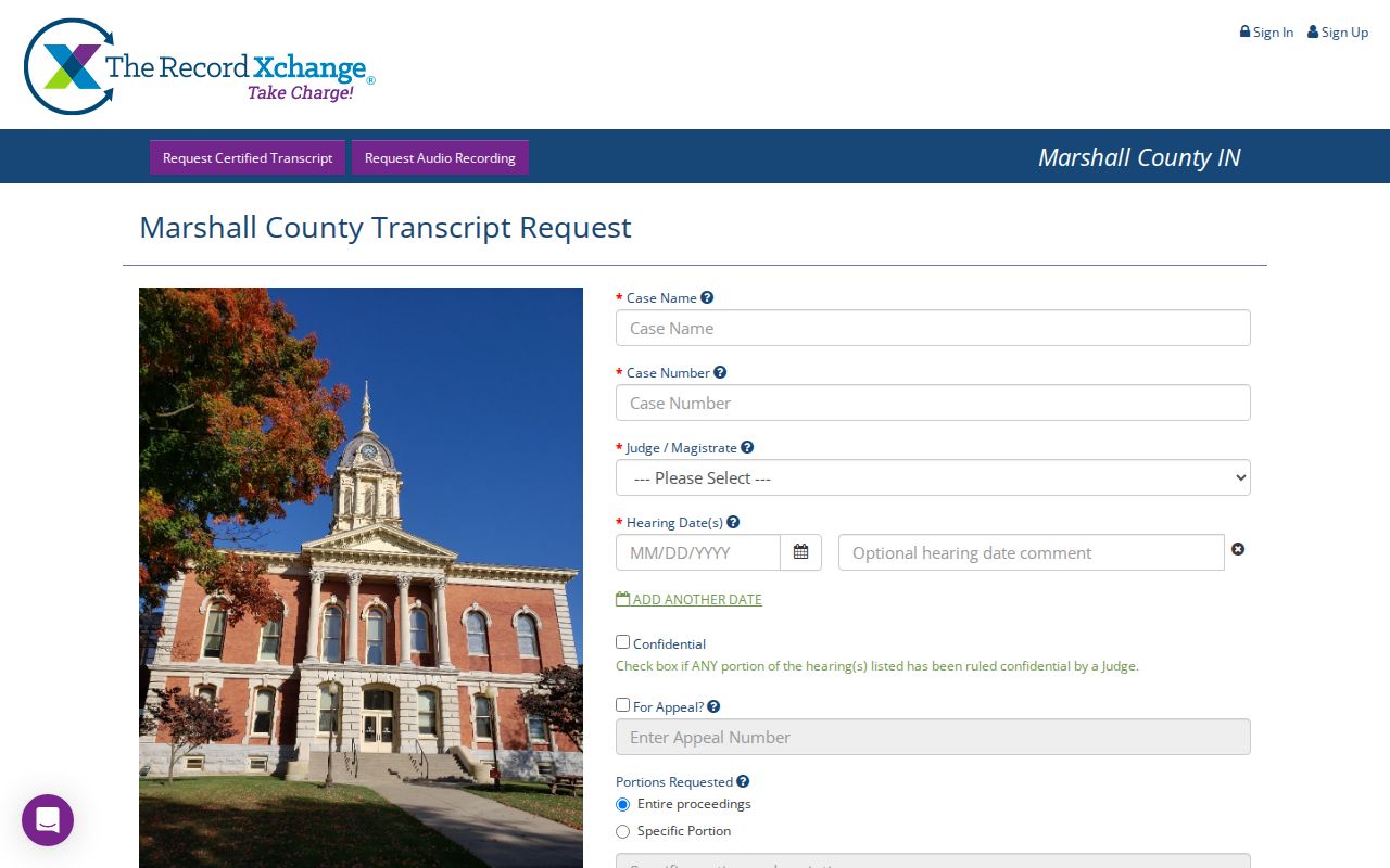 Marshall County court audio request product in Record Xchange