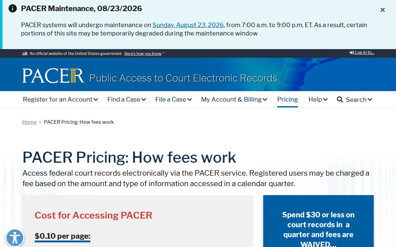 Federal PACER pricing page distinguished from Marshall County criminal records