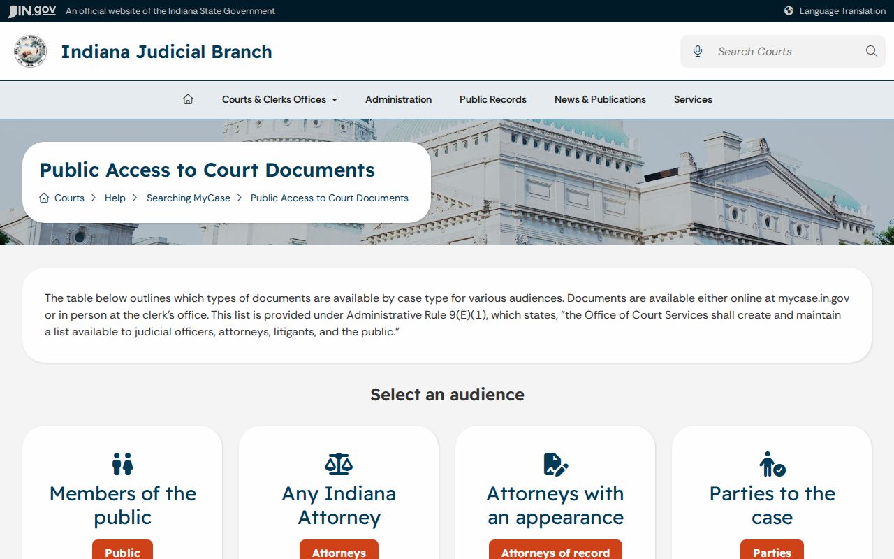 Indiana MyCase public party and attorney access levels